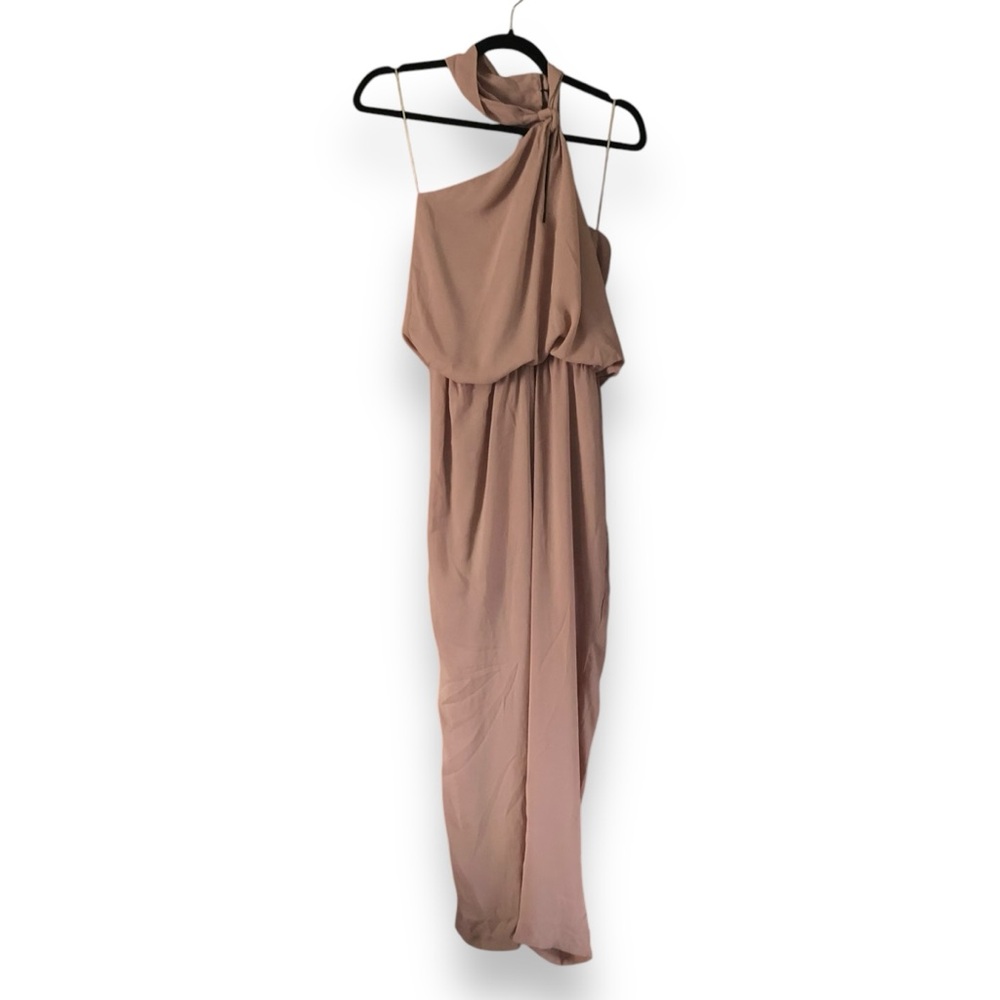 Krisa Asymmetrical Halter Jumpsuit Slim Leg Chloe Nude NWT Size XS